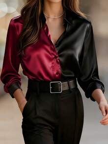 女士优雅正式露肩长袖修身衬衫，女士纽扣衬衫，基础款衬衫上衣，女士商务休闲装，女士户外上衣，教师衬衫，返校衬衫，校服，秋季女装，四季皆宜春季衬衫 - 紅色和黑色 - 查看 2