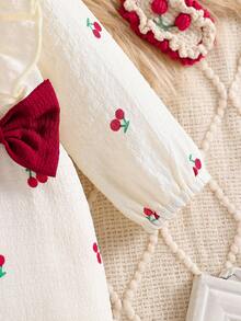 Newborn Baby Girls Cute Cartoon Cherry Woven Round Neck Button Ruffle Contrast Bow Long Sleeve Jumpsuit With Headband