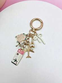 三色旅行主题钥匙扣 - 可爱包包挂饰，时尚钥匙圈配件，包含飞机、行李箱和机票吊坠，耐用珐琅钥匙链，可用于装饰钱包、背包、钥匙和行李牌 - 彩色 - 查看 7