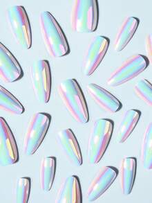 24片/套 Y2K 长杏仁银色魔法金属铬闪亮中号杏仁按压式美甲贴纸，全息指甲粉炫彩美人鱼镜面闪粉珍珠极光人造假指甲，包含1瓶果冻胶和1把指甲锉。银色和铬色美甲贴纸会让你的指尖闪耀动人，非常适合女性和女孩日常工作和参加锐舞派对。 - 彩色 - 查看 4