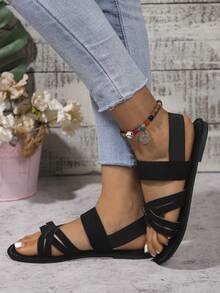 Women's Solid Color Flat Sandals, Casual Elastic Band Summer Shoes, Slip-On Beach Shoes