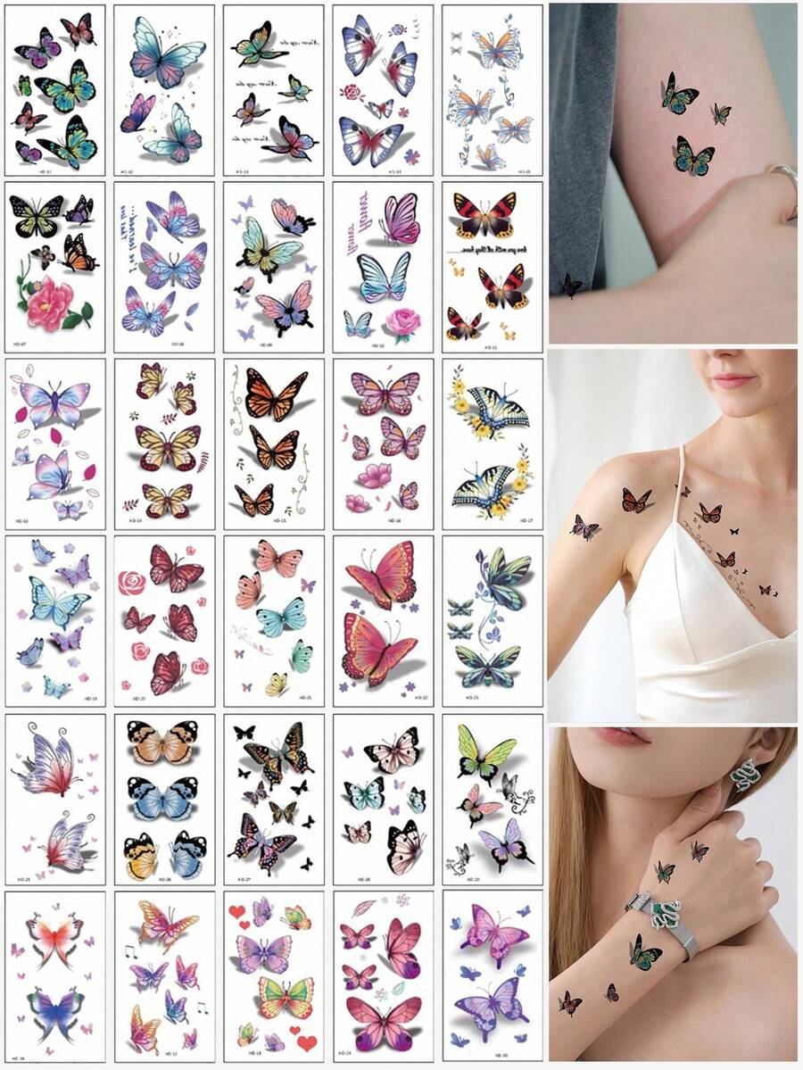 (1 Bộ 30 Tờ) Miếng Dán Hình Xăm Tạm Thời Chống Thấm Nước Hình Bướm Nhiều Màu, Chân Thực & Cá Nhân Hóa - Nhiều màu - Xem 1