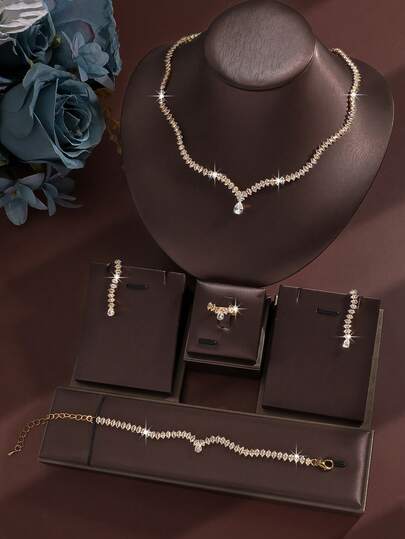 5件套奢华锆石镶嵌几何项链、耳环、手链、戒指首饰套装，优雅时尚，适合婚礼、派对、日常通勤等场合。