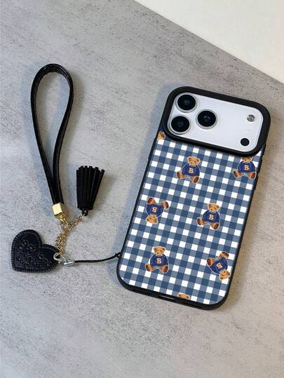 1ชิ้น เคสโทรศัพท์นุ่มคุณภาพสูงกันน้ำกันลื่นกันกระแทกลายหมีสก็อตสีน้ำเงินใหม่ + สายคล้องรูปหัวใจแฟชั่น เข้ากันได้กับ Apple, โทรศัพท์