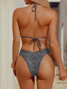 wohenmeili Women's Summer Beach Full Print Halter Tie Sexy Bikini Swimsuit Set - Black Background With White Dots - View 3