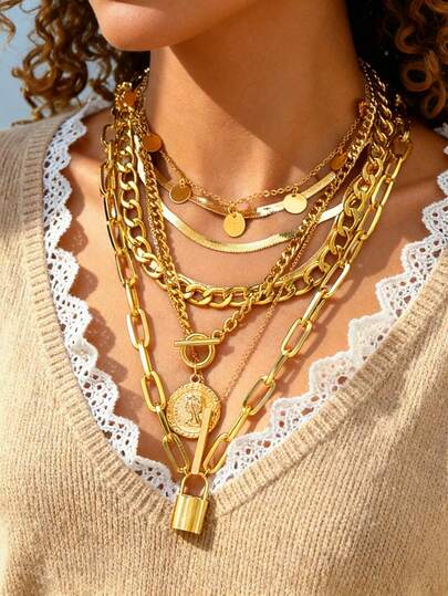 Set di 6 pezzi/4 pezzi/3 pezzi di collane eleganti vintage in metallo con monete antiche, ritratti, croci, lucchetti e ciondoli a forma di anello, catena cava, collana personalizzata esagerata in stile Y2K di alta gamma, collana per la clavicola, adatta per donne, uomini, coppie, autunno/inverno, vacanze, feste, matrimoni, uso quotidiano, gioielli versatili