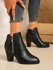 女士冬季真皮高跟踝靴，西部风格侧拉链，假日木纹粗跟，优雅棕/黑色靴子