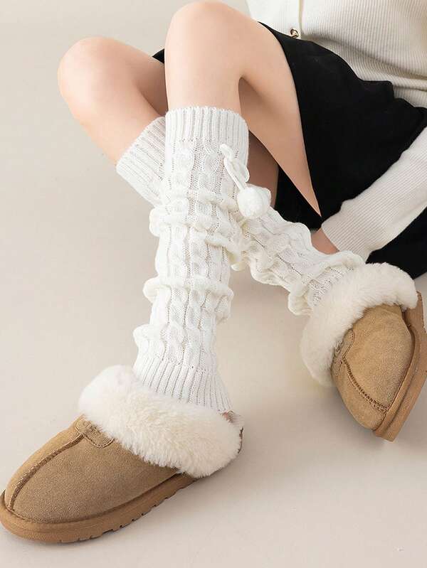 Cute Woolen Ball Knitted Woman Leg Warmers Autumn And Winter Lolita Knee Warmers Long Socks JK Knitted Sweet Girl Leg Warmers