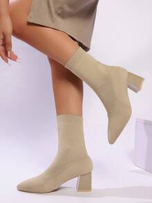 女士米色尖头粗跟踝靴，优雅女士短靴，针织袜靴，时尚百搭休闲鞋 - 米色 - 查看 5