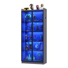 Display Cabinet With Adjustable Shelves, 65" Tall Bookcase With LED Lights/Human Sensor, 5 Tier Display Case For Collectibles Bedroom Living Room Office, Black - Transparent Acrylic Doors - Xem 9