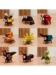 10件套可爱昆虫积木套装，世界知名积木，美味食物和水果积木，圣诞节/生日/新年礼物，适合成人和儿童，促进家庭互动，缓解成人压力，桌面装饰