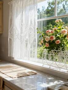 1pc White Lace Curtain With Long Tassels, Floral Embroidery Pattern, Princess Style, Sheer Short Cafe Curtain, Suitable For Kitchen, Bathroom, Bedroom Doorway, Rod Pocket Top - White - View 10