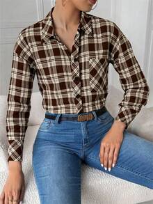 Camisa casual de moda para mujeres - con bolsillo, diseño de cuadrículas verticales, botones abiertos cerrados, ligera y transpirable, adecuada para salir todos los días en primavera, verano y otoño, ropa de cercanías - Marrón oscuro - Ver 3