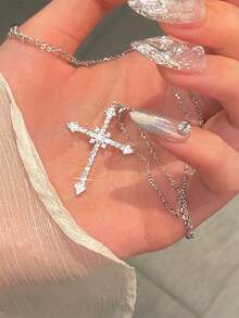 1pc S925 Sterling Silver Luxury Cross Starburst Design Pendant Necklace With Sparkling Cubic Zirconia, Elegant Fashion Jewelry For Women, Party & Gift For Loved One - Silver - View 10