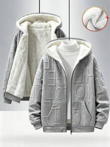 1 件青少年男孩休闲连帽夹克，美式时尚，厚重运动衫，采用大字母纹理针织面料，保暖衬里，适合秋冬保暖