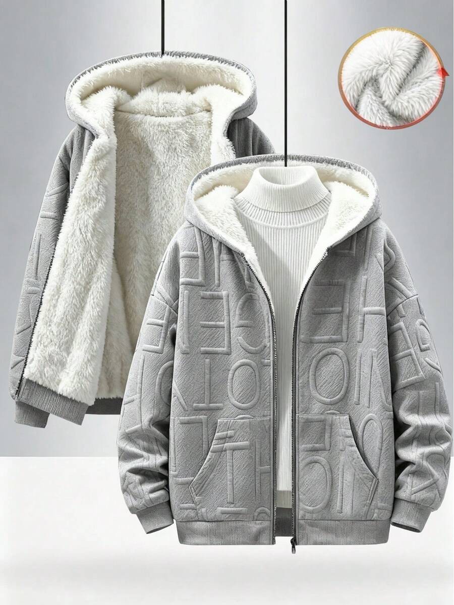 1 件青少年男孩休闲连帽夹克，美式时尚，厚重运动衫，采用大字母纹理针织面料，保暖衬里，适合秋冬保暖