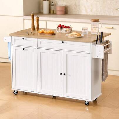 Kitchen Island Cart With Storage, 60in Wide Mobile Kitchen Cart With Wheels, Drop Leaf, 2 Drawers, Trash Can Cabinet, Knife Holder, Spice Rack, And Towel Rack, Table For Dining Room, Pantry