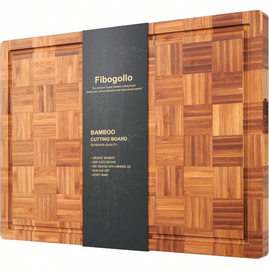 Extra Large Bamboo Cutting Board For Kitchen Heavy Duty Chopping Board With Juice Groove Serving Board Set With Holder End Grain Butcher Block Design Perfect For Food Preparation Dining And Serving Ideal For Large Families And Home Chefs Durable And -Friendly Material Measures 15.8x11.8 Inch - 棕色 - 查看 1