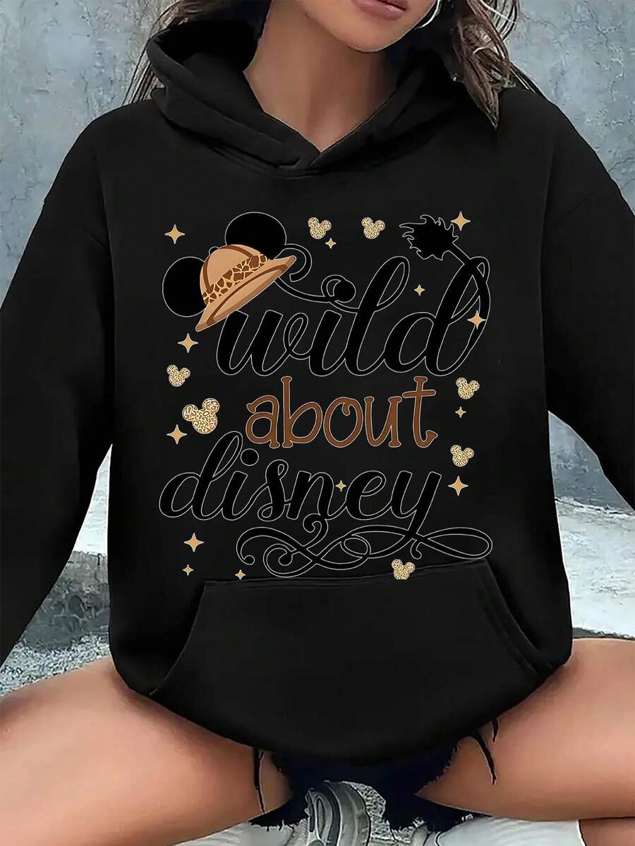 Disney Authorized Plus Size Women's Hoodie Wild About Disney Mickey Mouse Print Pullover Sweatshirt Cozy Autumn Winter Hooded Top Essential For Theme Park Outings And Casual Wear - 黑色 - 查看 1