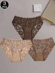 3pcs Scalloped Lace Trim Floral Lace Panties, Cotton Lace Blend - Multicolor - View 4
