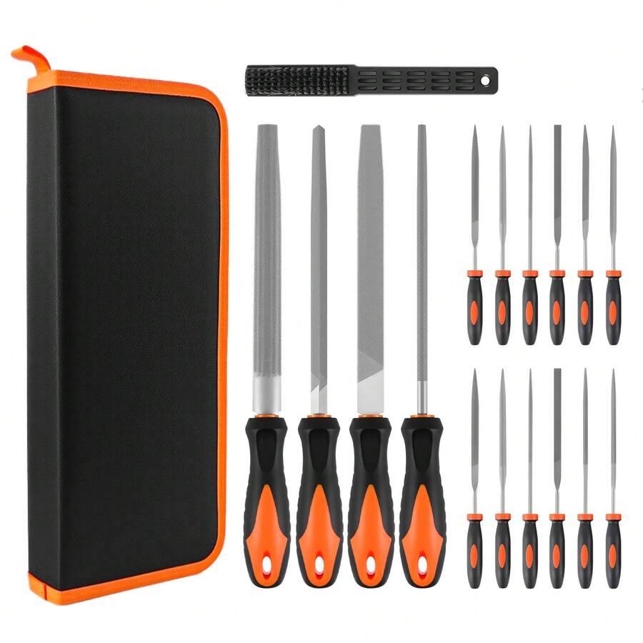 Huini 17PCS Metal File Set Metal Filler For Steel, 12 Needle Files With Storage Bag, Steel Brush, Wood Files With Handle For Woodworking, Metalworking - Orange - View 1