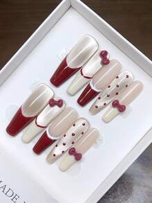 10片纯手工绘制的可佩戴美甲贴片，包含3D蝴蝶结、猫眼、波点、樱桃红法式美甲等款式，可个性化定制，按压式美甲贴片 - 彩色 - 查看 5