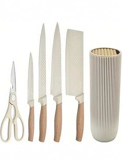 Knife Set, 6-Piece Ultra Sharp Knife Block Set, Beige Kitchen Knife Set Professional Chef Knives Set For Kitchen With Universal Block, Anti-Rust Stainless Steel Knife Set With Block For Home & Kitchen