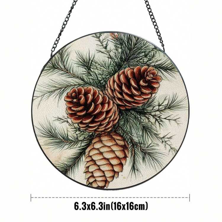 One Stained Glass Window Ornament - Pine Cones And Branches, Natural Plant Elements, A Retro Museum Illustration Style Sun Catcher, Suitable For Porch, Garden, And Home Decoration. A Beautiful Hanging Ornament, A Perfect Birthday Gift For Lovers, Ladies, Gentlemen, Fathers, Mothers, And Grandmothers To Commemorate Precious Memories. - 彩色 - 查看 9