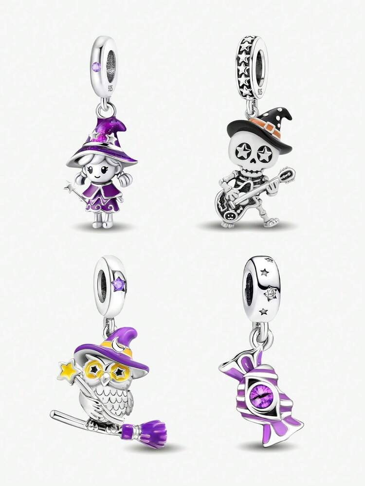1件925纯银骷髅弹吉他、骑扫帚、猫头鹰万圣节女巫吊坠，适合女士手链、珠宝DIY - 串珠集合1 - 查看 2