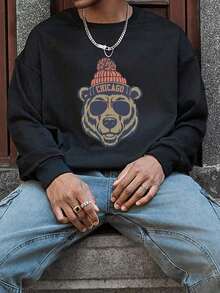 Valentine Outfits For Women/Men Mens Clothes Men's Casual Loose Fit Crew Neck Sweatshirt With Bear Head Graphic Print, Chicago-Inspired Design Supple - 黑色 - 查看 3