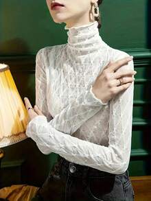 High Neck Lace Camisole Women, Slim Fit Long Sleeve Undershirt, Fashionable Black T-Shirt For Women, Spring & Autumn - White - View 2