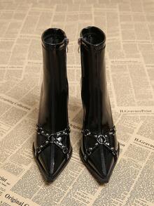 2025秋冬新款女士优雅欧美朋克街头风黑色靴子，秋季粗跟高跟尖头女士踝靴，时尚 - 黑色 - 查看 4