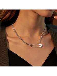 Creative Pin Necklace Special-Interest Design Simple Paper Clip Clavicle Chain Cold Wind Personalized Pendant Couple Accessories - 02 Bạc DZ-581 - Xem 1