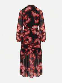 Casual Long Sleeve Floral Boxy Dress With Belt For Women