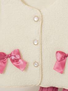 两件套女童休闲套装 - 无袖蝴蝶结装饰上衣和长袖及膝连衣裙，春、秋、冬季时尚套装 - 玫紅色 - 查看 4