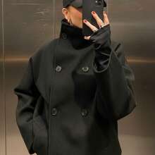 女款純色復古雙排扣高領大衣，長袖標準版型外套，秋冬通勤風格 - 黑色 - 查看 1