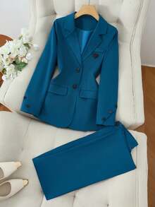 Solid Color Single Button Long Sleeve Single-Breasted Waistcoat Suit Pants Two-Piece Set - Blue - View 1