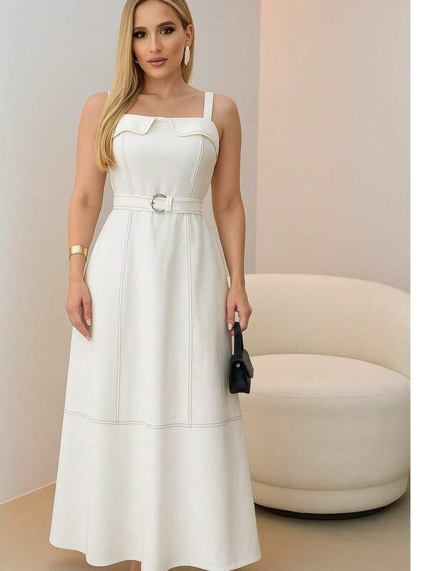 Vestido Longo Feminino com Cinto – Look Luxo para Festas Natal e Ano Novo