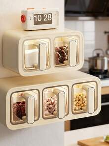 1 szt. Szaro-mleczno-biały pojemnik na przyprawy, stojak na przyprawy, szuflada na przyprawy, samoprzylepny pojemnik na przyprawy do montażu na ścianie, modny wygląd, odpowiedni do szafki, kuchni, przechowywania cukru, soli, pieprzu i innych przypraw, nie wymaga wiercenia, nadaje się do blatów kuchennych i przechowywania żywności - Wielokolorowe - Zobacz 1