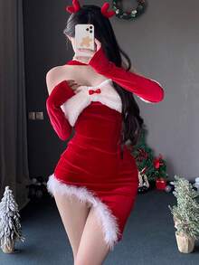 性感内衣圣诞女士新款修身性感辣妹性感主播派对新年服装发饰、手套和连衣裙。 - 紅色 - 查看 1