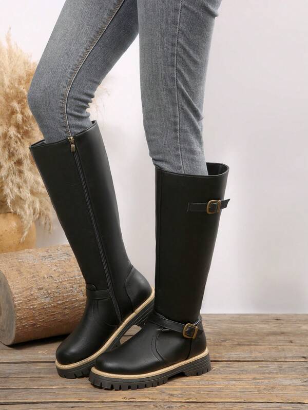 Women's Autumn/Winter Tall Shaft Wide Mouth Round Toe Thick Sole Boots, European Style Solid Color, Durable & Comfortable Design, Suitable For Casual Wear