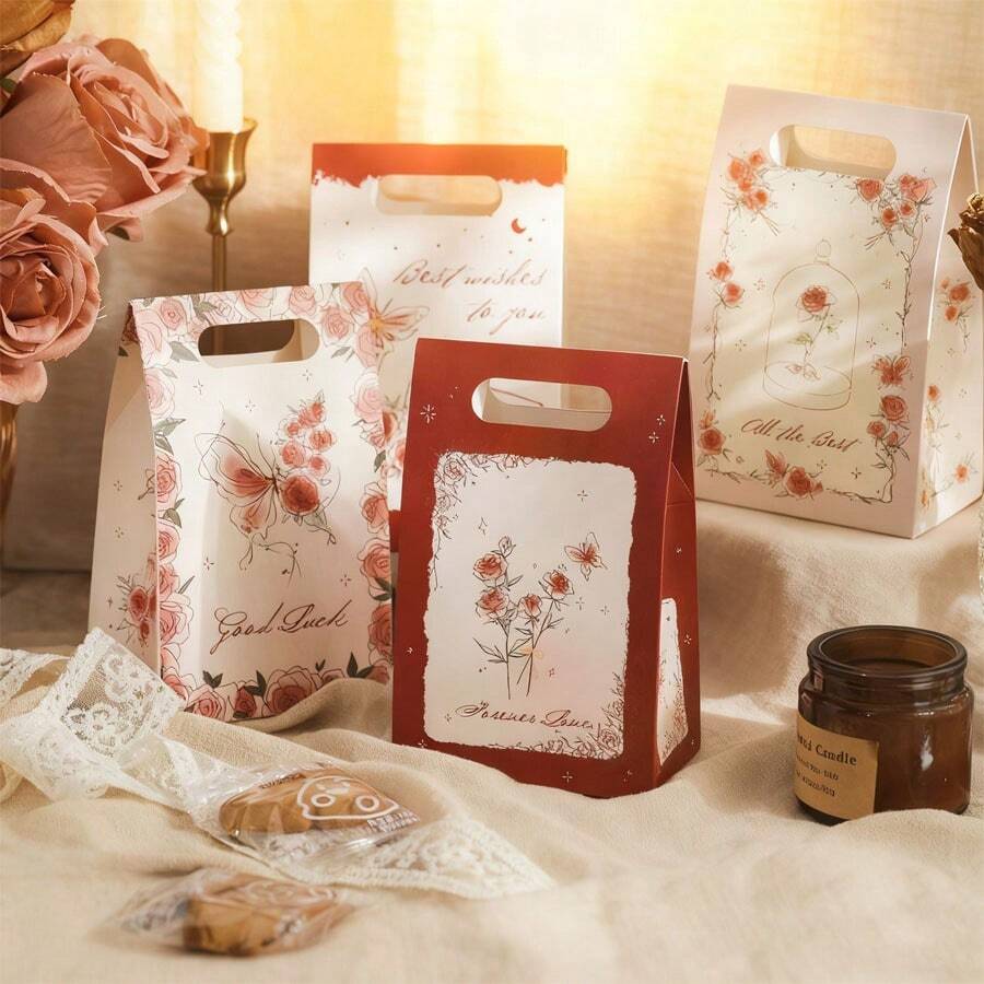 4个蝴蝶玫瑰糖果礼盒，高品质创意纸袋，适用于生日、情人节、派对、婚礼回礼、毕业礼物包装 - 彩色 - 查看 1