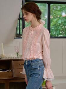 Simple Retro Camisa casual versátil de uso diario con cuello de corbata y pliegues para mujer - Rosa - Ver 7