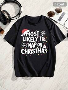 Camiseta gráfica de talla grande para hombres "Más probable que siene en Navidad" - Camiseta de poliéster de manga corta casual y cómoda con diseño festivo, ideal para el verano y las fiestas para hombres grandes y altos, ropa festiva|Camisa de Estilo Casual|Textura de Punto, Camisetas de Talla Grande, TALLA GRANDE - Negro - Ver 1