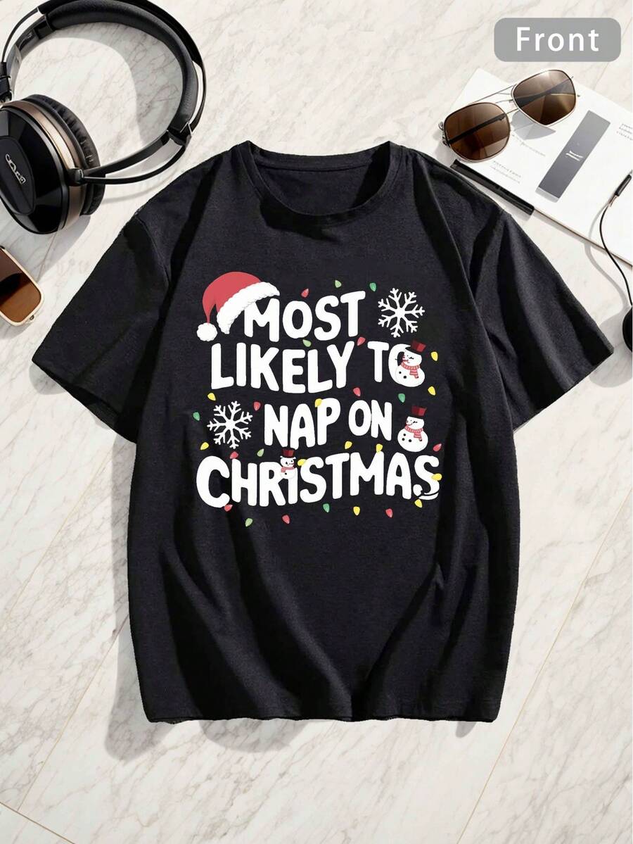 Camiseta gráfica de talla grande para hombres "Más probable que siene en Navidad" - Camiseta de poliéster de manga corta casual y cómoda con diseño festivo, ideal para el verano y las fiestas para hombres grandes y altos, ropa festiva|Camisa de Estilo Casual|Textura de Punto, Camisetas de Talla Grande, TALLA GRANDE - Negro - Ver 1