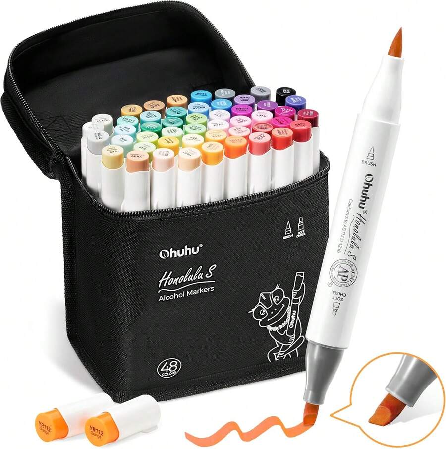 Ohuhu Alcohol Markers: Soft Chisel Red Dot Design Award Winner 48-Color Brush & Soft Chisel Dual Tips Drawing Markers For Artists Beginners Adults Coloring Illustration Sketching - Honolulu S - Multicolor - View 1