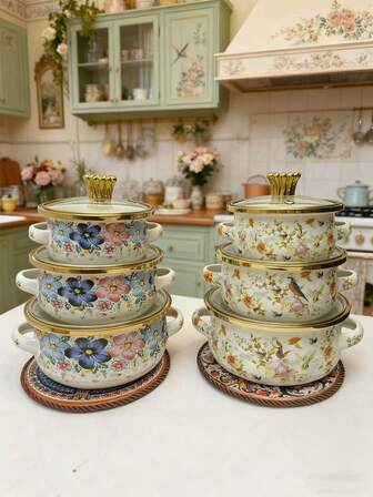 3pcs 4.7/5.5/6.3 Inch Casserole Pots, Kitchen Cookware, Outdoor Use Double Handle Design, 3-Piece Set With Glass Lids And Floral Patterned Enamel Pot, Mini Soup Pot, Side Dish Bowl - Perfect For Stewing, Boiling Noodles And Soup - Kitchen Essential, Dual Ear Pot, Thick Soup Pot, Casserole Pot, Compatible With Induction And Gas Stove