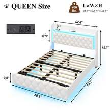 Floating Queen Bed Frame With LED Light, Upholstered Platform Queen Bed With Charging Station & Wingback, Diamond Tufted Storage Headboard & Footboard, PU Leather, No Box Spring Needed - Xem 2