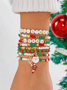 8pcs/Set Christmas Snowflake, Santa Claus, Heart, Star Beaded Bracelet Set, Colorful Beads "MERRY" Letter Charm, Suitable For Christmas Party, Daily Wear, Special Gift For Women - 多色 2 - 查看 7
