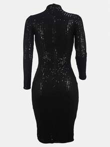 Elegant Black Sequin Midi Dress For Women Stand CollarLong Sleeve Backless PencilHem Party Cocktail Attire, Black Sequin High-Neck Long-Sleeve, Bodycon Midi DressAutumn/Winter Christmas Party Luxury Gown - Black - View 2